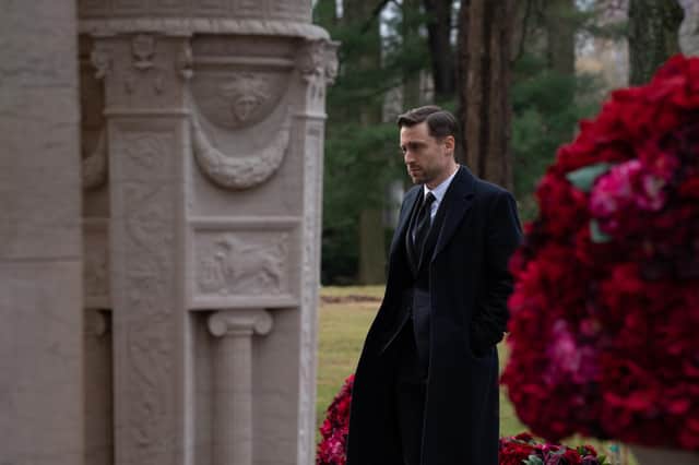 Kieran Culkin as Roman Roy in Succession Season 4 episode 9 'Church and State', avoiding entering his father's mausoleum (Credit: HBO)