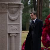 Kieran Culkin as Roman Roy in Succession Season 4 episode 9 'Church and State', avoiding entering his father's mausoleum (Credit: HBO)