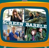 The orange Screen Babble television, featuring images from Poker Face, Local Hero, The Mighty Boosh, and Malpractice, as discussed in episode 27 (Credit: NationalWorld Graphics)