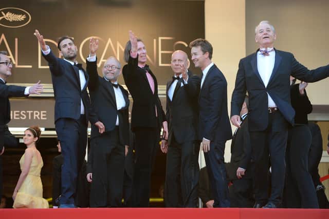 (from 2nd left) US actor Jason Schwartzman, US actor Bob Balaban, US director Wes Anderson, US actor Bruce Willis, US actor Edward Norton and US actor Bill Murray poses before the screening of "Moonrise Kingdom" and the opening ceremony of the 65th Cannes film festival on May 16, 2012 in Cannes. (Photo credit  - ANNE-CHRISTINE POUJOULAT/AFP/GettyImages)