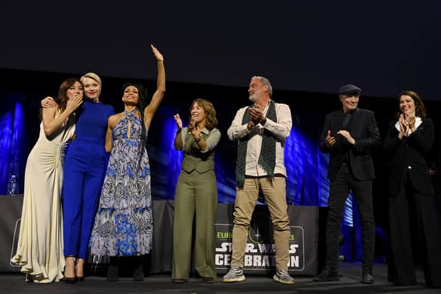 (L-R) Natasha Liu Bordizzo, Ivanna Sakhno, Rosario Dawson, Diana Lee Inosanto, Ray Stevenson, Lars Mikkelson and Mary Elizabeth Winstead onstage during the Ahsoka panel at the Star Wars Celebration 2023 in London at ExCel on April 08, 2023 in London, England. (Photo by Kate Green/Getty Images for Disney)