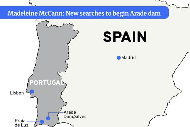 A map showing where new searches for Madeleine McCann took place at Arade Dam in 2023, and also where the todder went missing in 2007 in Praia da Luz.