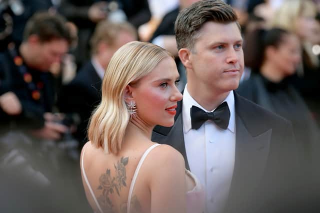 CANNES, FRANCE - MAY 23: Scarlett Johansson and Colin Jost attend the "Asteroid City" red carpet during the 76th annual Cannes film festival at Palais des Festivals on May 23, 2023 in Cannes, France. (Photo by Kristy Sparow/Getty Images)