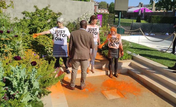 Just Stop Oil throw paint over garden at Royal Chelsea Flower Show