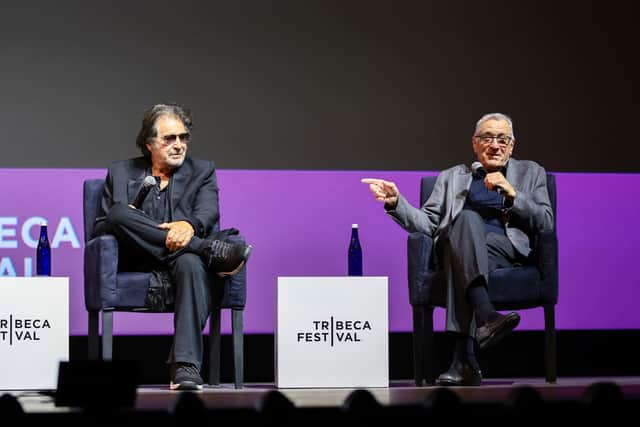 Al Pacino and Robert De Niro speak on stage at the "Heat" Premiere during 2022 Tribeca Festival at United Palace Theater on June 17, 2022 in New York City. (Photo by Dimitrios Kambouris/Getty Images for Tribeca Festival)