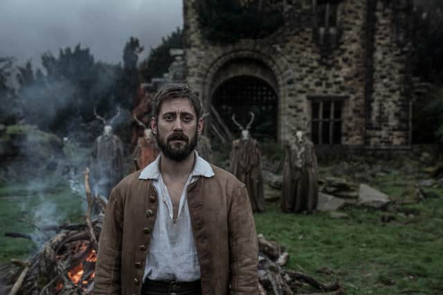 Michael Socha as David Hartley in The Gallows Pole, flanked by the Stagmen (Credit: BBC/Element Pictures Limited/Objective Feedback LLC/Dean Rogers)