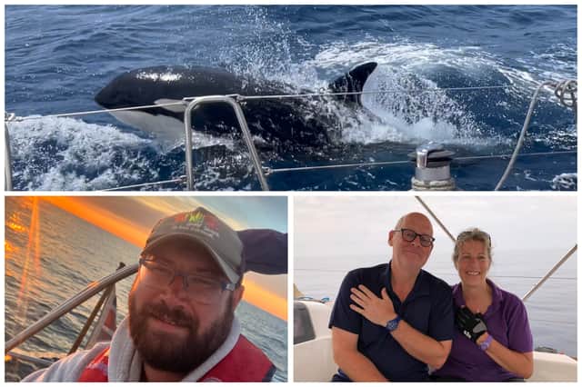 Greg Blackburn was at the helm of a 46ft Bavaria, with tourists Stephen Bidwell and Janet Morris on board, when it was rammed by at least six killer whales earlier this month around seven miles from Tangier, in Morocco. (Pic SWNS)