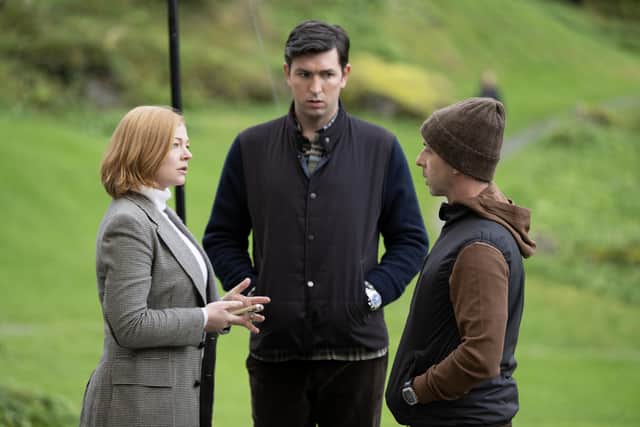 Sarah Snook as Shiv Roy, Nicholas Braun as Cousin Greg, and Jeremy Strong as Kendall Roy in Succession S4, arguing in Norway (Credit: HBO)