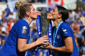 Millie Bright and Sam Kerr celebrate their WSL title, their fourth in four years