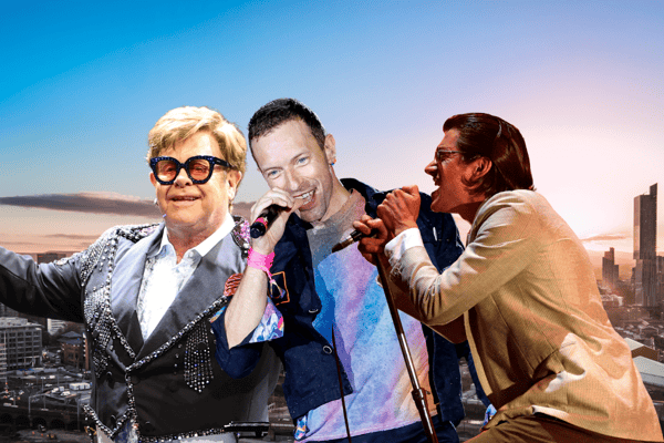 The stars have aligned in Manchester this week, as on one night alone, Elton John, Coldplay and Arctic Monkeys will be performing in the city (Credit: Getty/Canva)