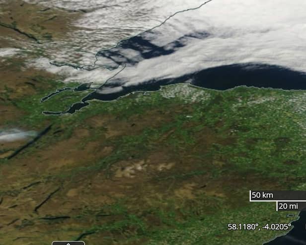 NASA's worldview satellite shows the plume of smoke (centre) from the fire at Cannich drifting towards Loch Ness on Monday amid clear skies (Photo: PA Wire)