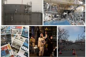 Workers construct water tanks at Fukushima nuclear plant, damage to reactor 4, newspaper headlines about the earthquake and tsunami, ant-nuclear power protestors, a barrier to the exclusion zone