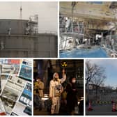 Workers construct water tanks at Fukushima nuclear plant, damage to reactor 4, newspaper headlines about the earthquake and tsunami, ant-nuclear power protestors, a barrier to the exclusion zone
