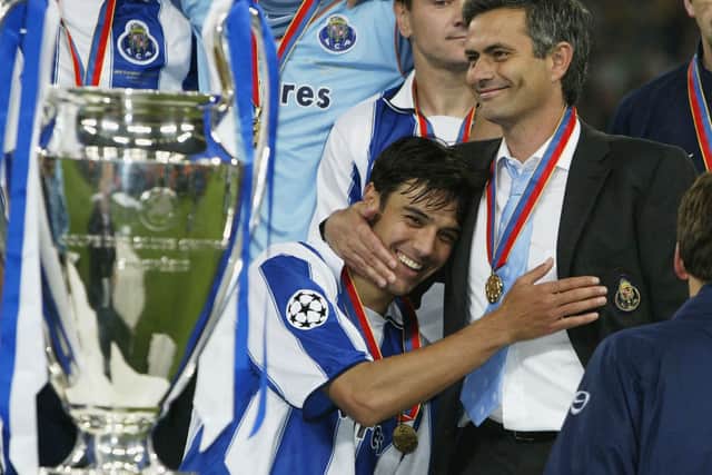 Mourinho celebrates with Nuno Valente after Champions League win in 2004