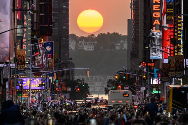 Manhattanhenge occurs when the sun aligns with the city streets (Image: Getty)