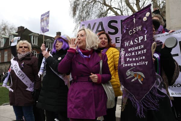 Women against state pension inequality (WASPI) protest outside the Houses of Parliament in London on March 13, 2019 (Image: AFP via Getty Images)