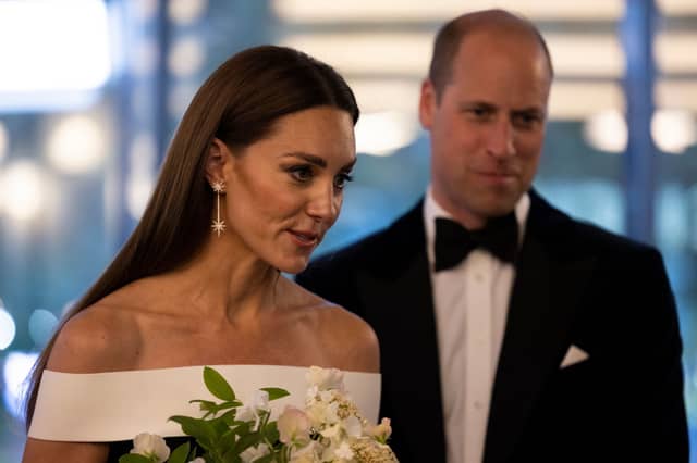 LONDON, ENGLAND - MAY 19: Prince William, Duke of Cambridge and Catherine, Duchess of Cambridge (C) arrive for the "Top Gun: Maverick" Royal Film Performance at the Odeon Leicester Square on May 19, 2022 in London, England. (Photo by Dan Kitwood/Getty Images)