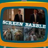 The orange Screen Babble television, featuring images from Succession, The Gallows Pole, and Brideshead Revisited, as discussed in episode 28 (Credit: NationalWorld Graphics)