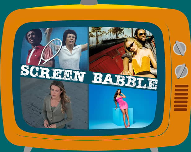 The orange Screen Babble television, featuring images from Gods of Tennis, The Idol, Love Island, and Manifest, as recommended in Weekend Watch 28 (Credit: NationalWorld Graphics)