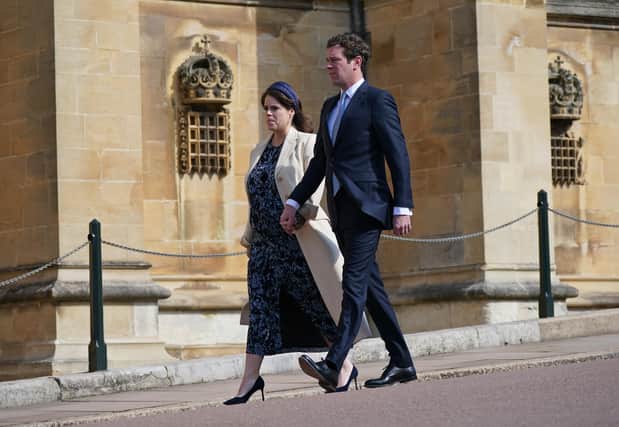WINDSOR, ENGLAND - APRIL 09: Princess Eugenie and Jack Brooksbank attend the Easter Mattins Service at Windsor Castle on April 9, 2023 in Windsor, England. (Photo by Yui Mok - WPA Pool/Getty Images)
