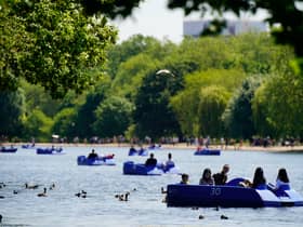 People ride pedalo and rowing boats in the hot weather on the Serpentine in Hyde Park, in London. The UK could experience the hottest day of the year so far, with temperatures potentially reaching a balmy 26C. Picture date: Saturday June 3, 2023. Credit: Aaron Chown/PA Wire