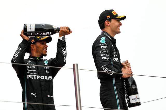 Mercedes celebrate their second and third place finishes in Spanish Grand Prix
