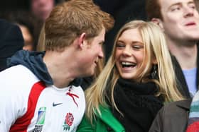 Britain's Prince Harry and Chelsy Davy laugh before the game between South Africa and England at the Investec Challenge international rugby match at Twickenham, west of London on November 22, 2008. AFP PHOTO / Chris Ratcliffe (Photo credit should read CHRIS RATCLIFFE/AFP via Getty Images)