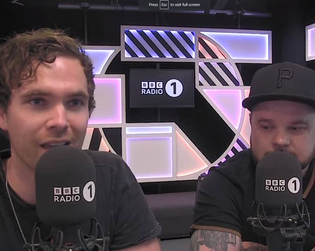 Mike Kerr and Ben Thatcher of Royal Blood appeared on Greg James's Radio 1 show to explain their Big Weekend performance (Image: BBC)