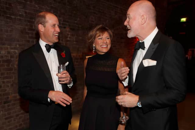 Britain's Prince William, Duke of Cambridge chats with journalists Kate Silverton and Paddy Harverson at a gala night in aid of the conservation charity, Tusk at The Roundhouse in London, on November 2, 2017 Photo credit should read PETER NICHOLLS/AFP via Getty Images)