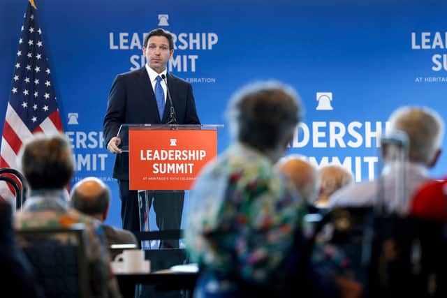 Florida Gov. Ron DeSantis gives remarks at the Heritage Foundation's 50th Anniversary Leadership Summit at the Gaylord National Resort & Convention Center on April 21, 2023 in National Harbor, Maryland.  (Photo by Anna Moneymaker/Getty Images)