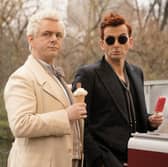 Michael Sheen as Aziraphale and David Tennant as Crowley in Good Omens, eating ice cream (Credit: Chris Raphael/Amazon Studios)