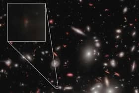 A projected image of the galaxy JD1 (inset), which is located behind a bright cluster galaxy called Abell2744 (Guido Roberts-Borsani/UCLA); original images: (NASA, ESA, CSA, Swinburne University of Technology, University of Pittsburgh, STScI)