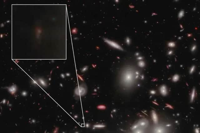 A projected image of the galaxy JD1 (inset), which is located behind a bright cluster galaxy called Abell2744 (Guido Roberts-Borsani/UCLA; original images: NASA, ESA, CSA, Swinburne University of Technology, University of Pittsburgh, STScI)