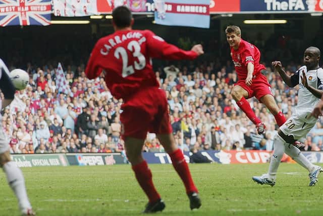 Steven Gerrard of Liverpool shoots and scores his sides third goal during the FA Cup Final match between Liverpool and West Ham United at the Millennium Stadium - Credit: Getty