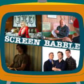 The orange Screen Babble television, featuring images from The Idol, The Full Monty, Drop the Dead Donkey, and The Crowded Room, as discussed in episode 29 (Credit: NationalWorld Graphics)
