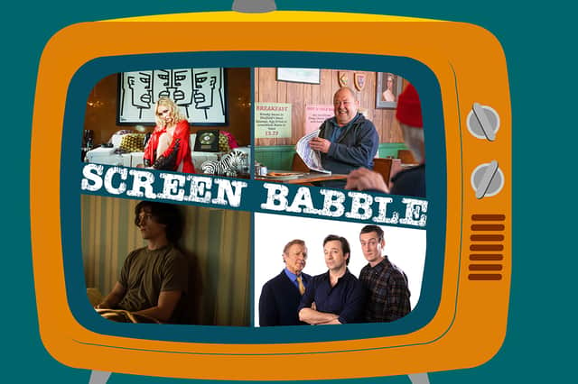 The orange Screen Babble television, featuring images from The Idol, The Full Monty, Drop the Dead Donkey, and The Crowded Room, as discussed in episode 29 (Credit: NationalWorld Graphics)