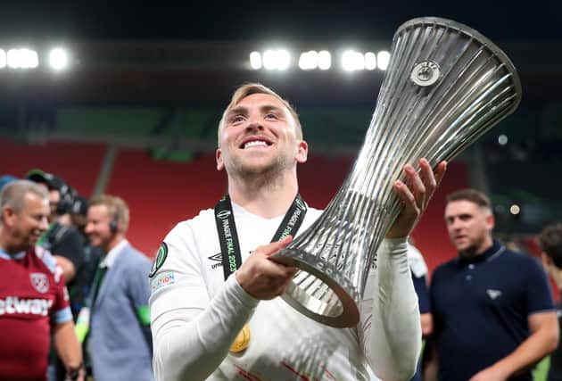 Jarrod Bowen of West Ham United celebrates with the UEFA Europa Conference League trophy after the team's victory during the UEFA Europa Conference League 2022/23 final match between ACF Fiorentina and West Ham United FC at Eden Arena on June 07, 2023 in Prague, Czech Republic. (Photo by Alex Grimm/Getty Images)
