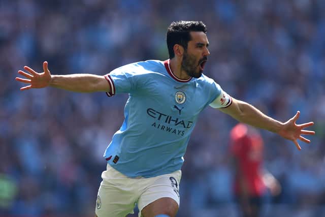 Ilkay Gundogan of Manchester City celebrates after scoring the team's first goal during the Emirates FA Cup Final between Manchester City and Manchester United at Wembley Stadium on June 03, 2023 in London, England. (Photo by Clive Rose/Getty Images)