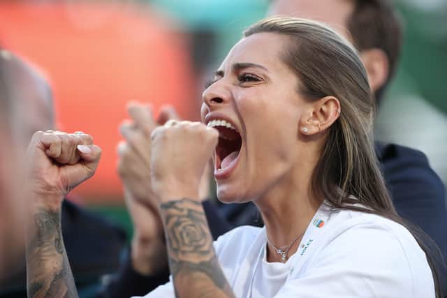 Girlfriend Sophia Thomalla of Alexander Zverev of Germany celebrates his win against Jannik Sinner of Italy in the quarter finals during day six of the Rolex Monte-Carlo Masters (Photo by Julian Finney/Getty Images)