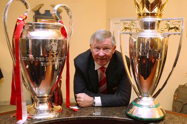 Alex Ferguson celebrates his second league and Champions League double with the Red Devils. (Getty Images)