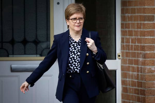 GLASGOW, SCOTLAND - APRIL 26: Nicola Sturgeon, former First Minister of Scotland, leaves her house on April 26, 2023 in Glasgow, Scotland. Police are investigating the Scottish National Party's funding and finances with both party chair, Peter Murrell (husband of former leader Nicola Sturgeon) and party treasurer, Colin Beattie, having been arrested, questioned and released.  (Photo by Jeff J Mitchell/Getty Images)