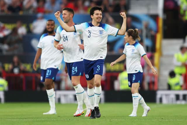 Asa Butterfield of England celebrates after scoring the teams second goal during Soccer Aid for Unicef 2023 at Old Trafford on June 11, 2023 in Manchester, England. (Photo by Matt McNulty/Getty Images)