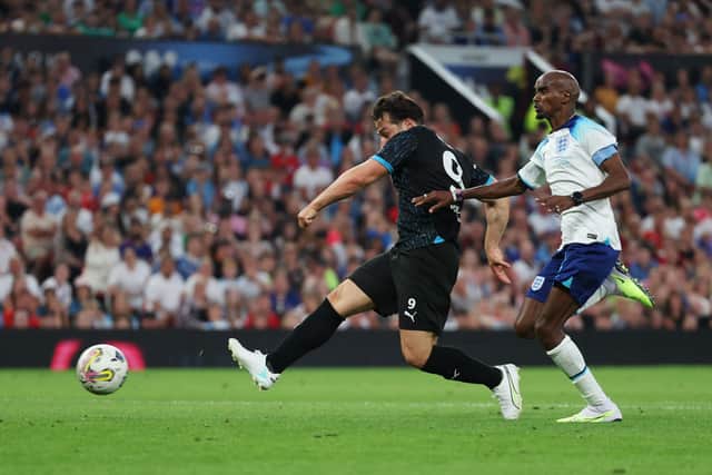 Kem Cetinay of World XI scores the teams fourth goal during Soccer Aid for Unicef 2023 at Old Trafford on June 11, 2023 in Manchester, England. (Photo by Matt McNulty/Getty Images)