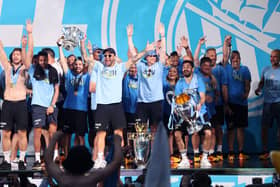 Manchester City celebrate their treble following win over Inter Milan in Champions League