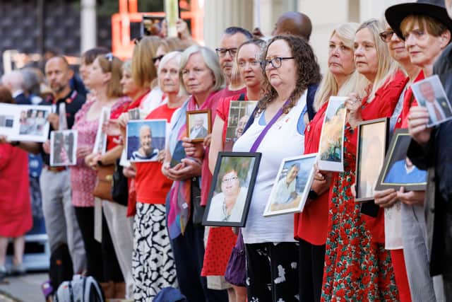 Relatives who lost loved ones to Covid gathered outside the inquiry ahead of the first public hearing 