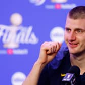 Nikola Jokic #15 of the Denver Nuggets speaks with media after a 94-89 victory against the Miami Heat in Game Five of the 2023 NBA Finals to win the NBA Championship at Ball Arena on June 12, 2023 in Denver, Colorado. NOTE TO USER: User expressly acknowledges and agrees that, by downloading and or using this photograph, User is consenting to the terms and conditions of the Getty Images License Agreement. (Photo by Justin Edmonds/Getty Images)