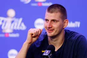 Nikola Jokic #15 of the Denver Nuggets speaks with media after a 94-89 victory against the Miami Heat in Game Five of the 2023 NBA Finals to win the NBA Championship at Ball Arena on June 12, 2023 in Denver, Colorado. NOTE TO USER: User expressly acknowledges and agrees that, by downloading and or using this photograph, User is consenting to the terms and conditions of the Getty Images License Agreement. (Photo by Justin Edmonds/Getty Images)