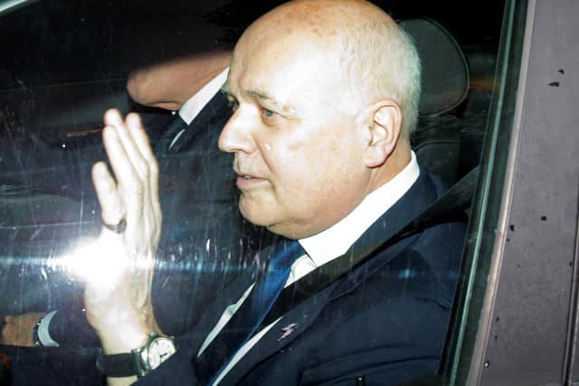 Pro-Brexit Conservative MP, Britain's former Work and Pensions Secretary Iain Duncan Smith is driven out of Winfield House, the residence of the US Ambassador, where then US President Trump is staying whilst in London, on June 4, 2019, on the second day of the US President's three-day State Visit to the UK. (Photo credit should read ISABEL INFANTES/AFP via Getty Images)