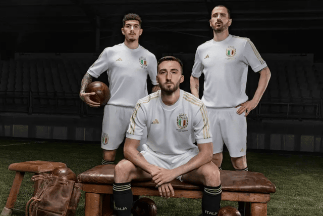 Italian national team players donning the special edition 125th anniversary kit - Credit: Adidas