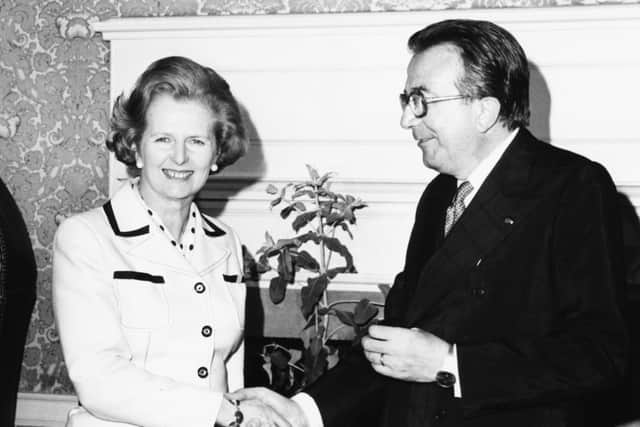 British Prime Minister Margaret Thatcher shaking hands with her Italian counterpart  Giulio Andreotti during a meeting, June 15th 1979. (Photo by Central Press/Hulton Archive/Getty Images)
